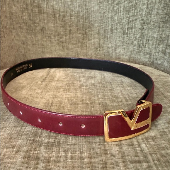 Valentino Burgundy Leather Belt with Gold V Buckle - Picture 3 of 5